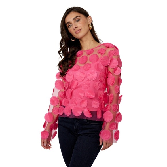 Frank Lyman Tops - Frank Lyman Montreal Hot Pink 3D Floral Applique Mesh Top Long Sleeve Fuchsia M
